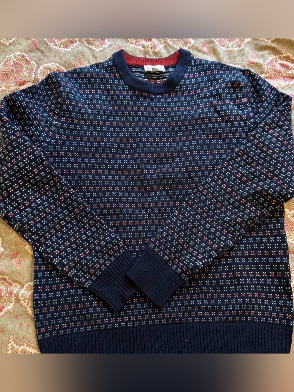 GAP Navy Fair Isle Crewneck Sweater with Red Trim
